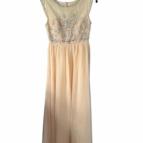 Azazie Junior Girl Champagne Beaded Chiffon Maxi Dress Formal Gown Sleeveless - Picture 2 of 9